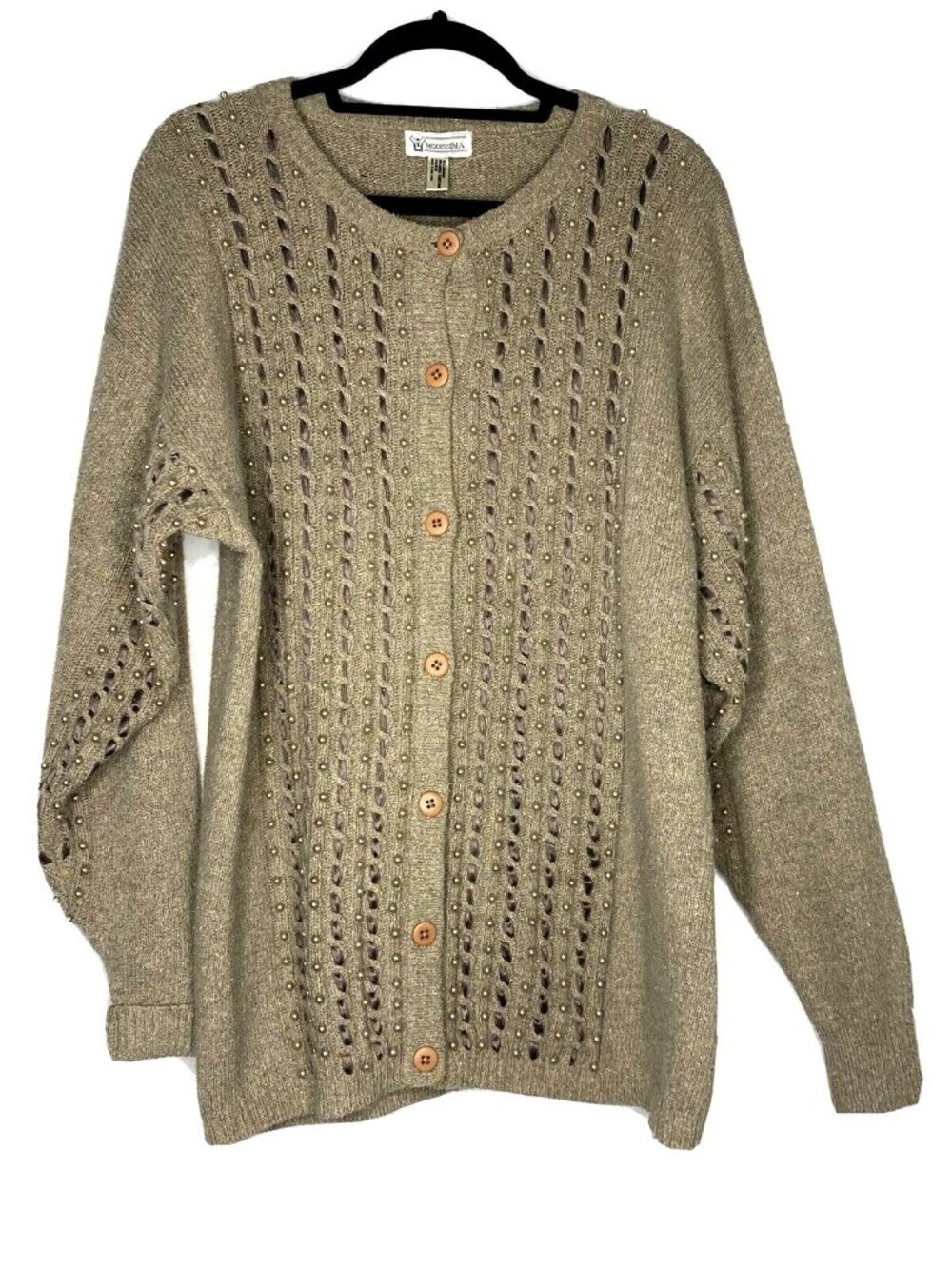 Modissima Lambswool & Angora Beige Cardigan With Bead Detail Button Front